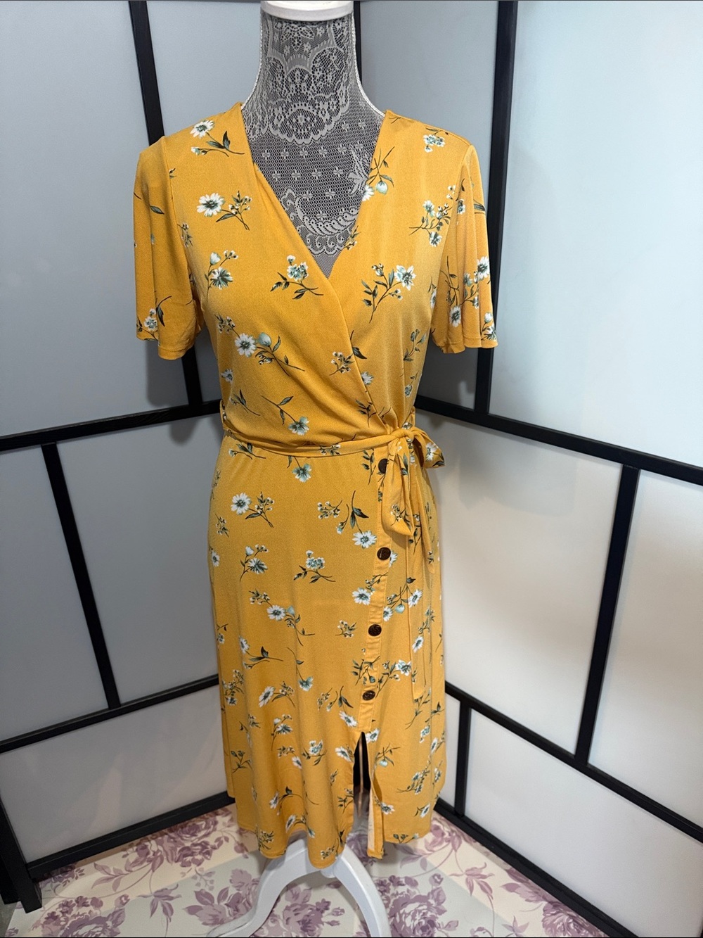 Monteau Mustard Floral Wrap Midi Dress with Tie Waist